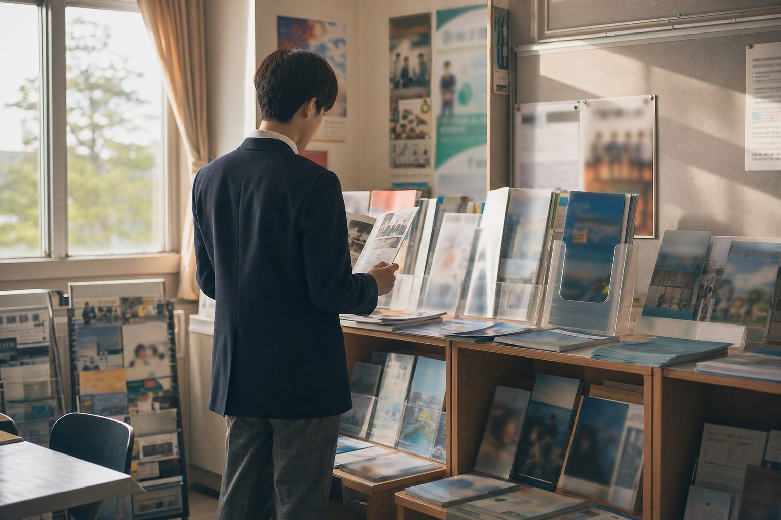 学校の進路指導コーナーで、学生が企業紹介の冊子を手に取っている