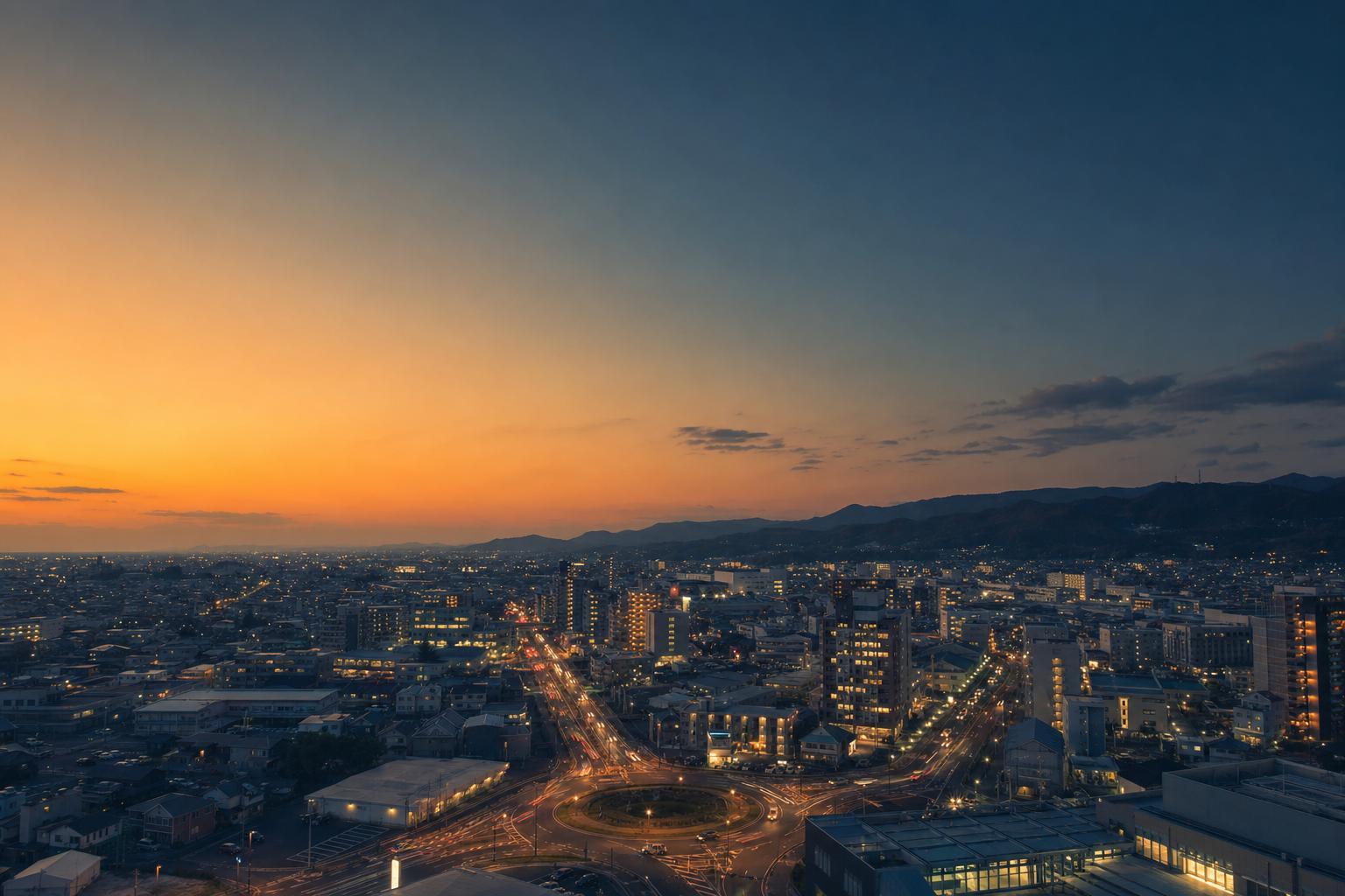 夕景の街を高いところから見下ろした風景。手前に道が集まる円形の交差点がある