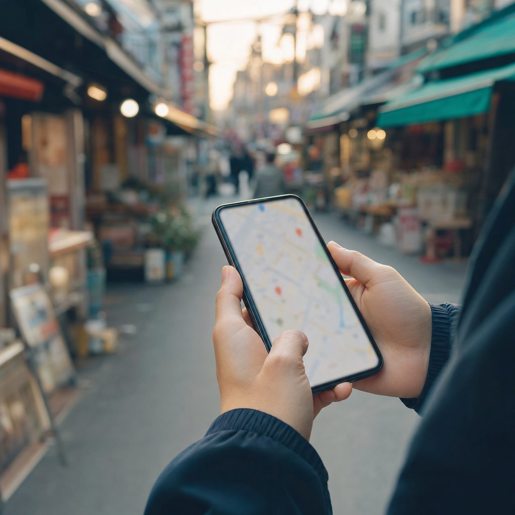 商店街でスマートフォンの地図アプリを見ている手元